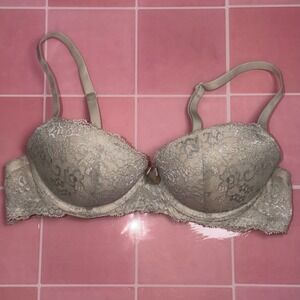 Gilligan & O'Malley Silver Lace Push Up Balconette Bra Cream 34A Metallic